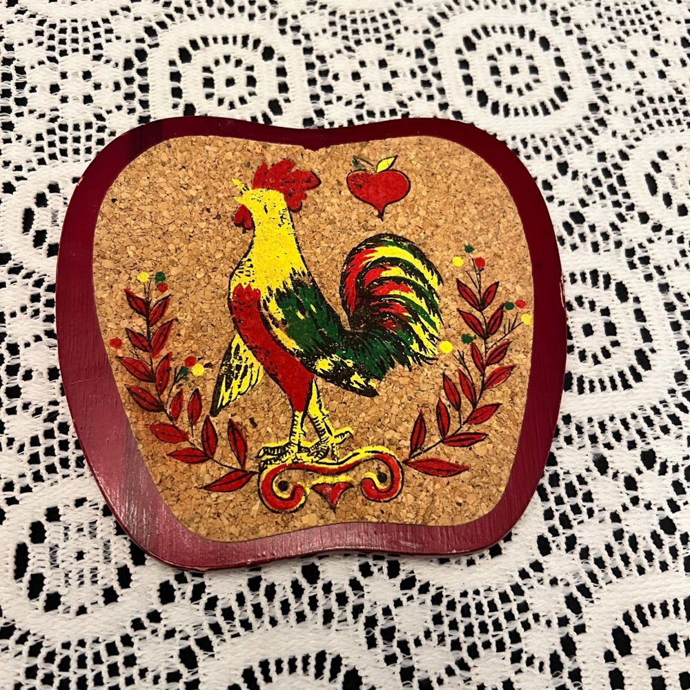 Vintage Hand-Painted Cork Trivet Rooster Design | Farmhouse